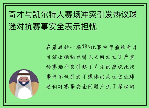 奇才与凯尔特人赛场冲突引发热议球迷对抗赛事安全表示担忧